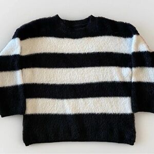 Women’s Fuzzy faux Fur Black And White Striped Soft Sweater One Size Large XL